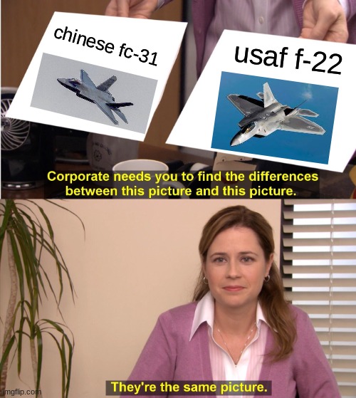 They are the same picture | chinese fc-31; usaf f-22 | image tagged in memes,they're the same picture,air force,made in china | made w/ Imgflip meme maker