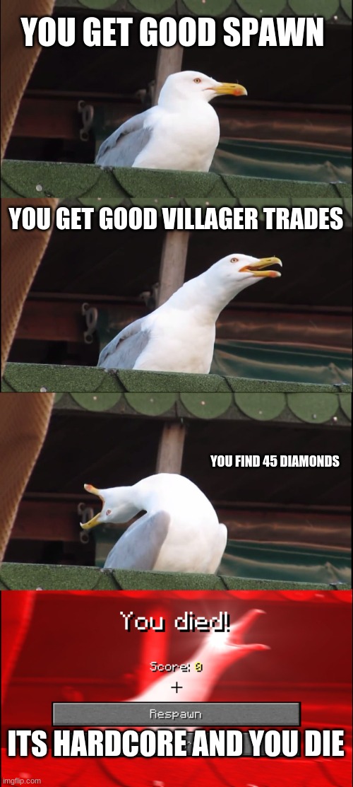 Inhaling Seagull Meme | YOU GET GOOD SPAWN; YOU GET GOOD VILLAGER TRADES; YOU FIND 45 DIAMONDS; ITS HARDCORE AND YOU DIE | image tagged in memes,inhaling seagull | made w/ Imgflip meme maker