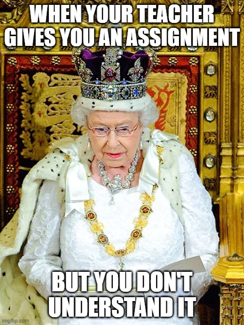When Your Teacher Gives You An Assignment | WHEN YOUR TEACHER GIVES YOU AN ASSIGNMENT; BUT YOU DON'T UNDERSTAND IT | image tagged in queen,queen elizabeth,work,homework,school,confused | made w/ Imgflip meme maker