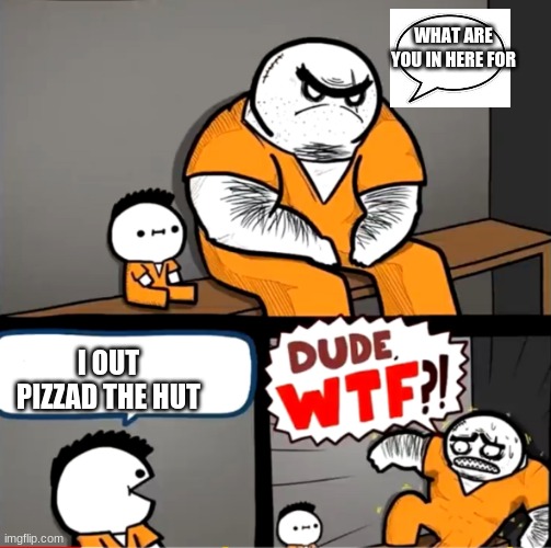 Out pizzad the hut | WHAT ARE YOU IN HERE FOR; I OUT PIZZAD THE HUT | image tagged in surprised bulky prisoner | made w/ Imgflip meme maker