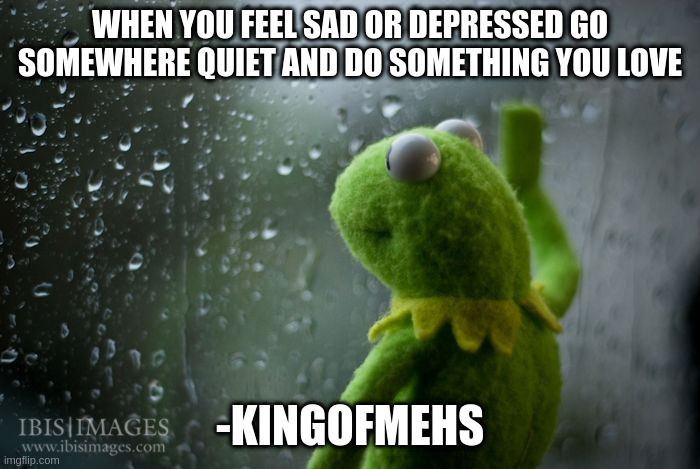 kermit window |  WHEN YOU FEEL SAD OR DEPRESSED GO SOMEWHERE QUIET AND DO SOMETHING YOU LOVE; -KINGOFMEHS | image tagged in kermit window | made w/ Imgflip meme maker