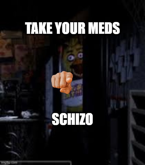 Chica Looking In Window FNAF | TAKE YOUR MEDS; SCHIZO | image tagged in chica looking in window fnaf | made w/ Imgflip meme maker