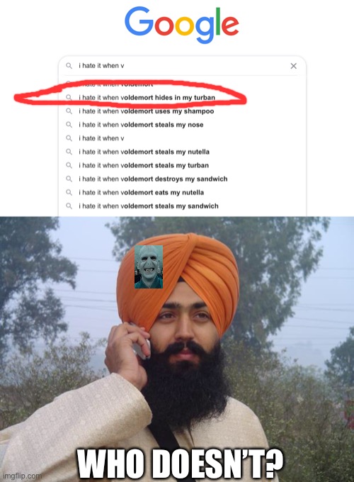 That dang Voldemort | WHO DOESN’T? | image tagged in sikh turban guy | made w/ Imgflip meme maker