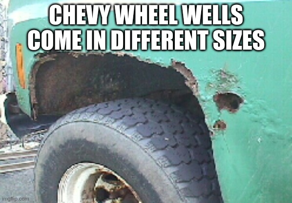 CHEVY WHEEL WELLS COME IN DIFFERENT SIZES | image tagged in lol | made w/ Imgflip meme maker