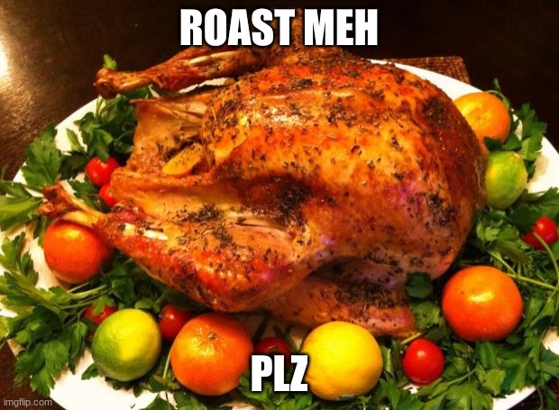 roast meh plz | ROAST MEH; PLZ | image tagged in roasted turkey | made w/ Imgflip meme maker