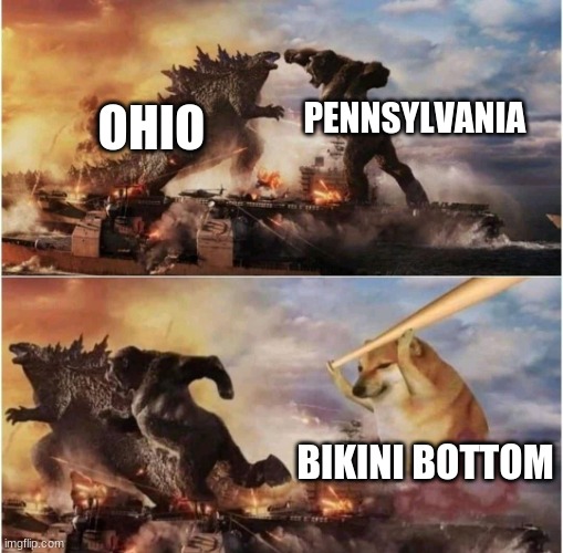 Country fight | PENNSYLVANIA; OHIO; BIKINI BOTTOM | image tagged in kong godzilla doge | made w/ Imgflip meme maker