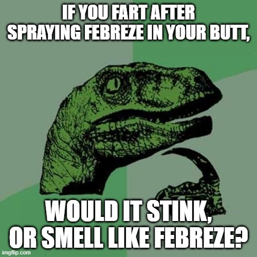 Philosoraptor | IF YOU FART AFTER SPRAYING FEBREZE IN YOUR BUTT, WOULD IT STINK, OR SMELL LIKE FEBREZE? | image tagged in memes,philosoraptor | made w/ Imgflip meme maker