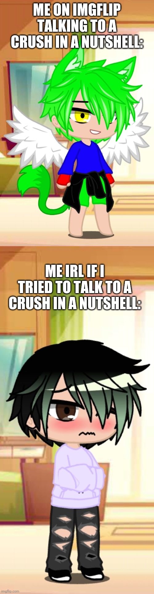 ME ON IMGFLIP TALKING TO A CRUSH IN A NUTSHELL:; ME IRL IF I TRIED TO TALK TO A CRUSH IN A NUTSHELL: | made w/ Imgflip meme maker