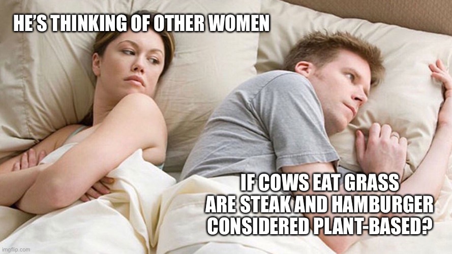 PLANT BRAINS | HE’S THINKING OF OTHER WOMEN; IF COWS EAT GRASS ARE STEAK AND HAMBURGER CONSIDERED PLANT-BASED? | image tagged in he's probably thinking about girls,vegan,vegetarian,meat,plant-based | made w/ Imgflip meme maker