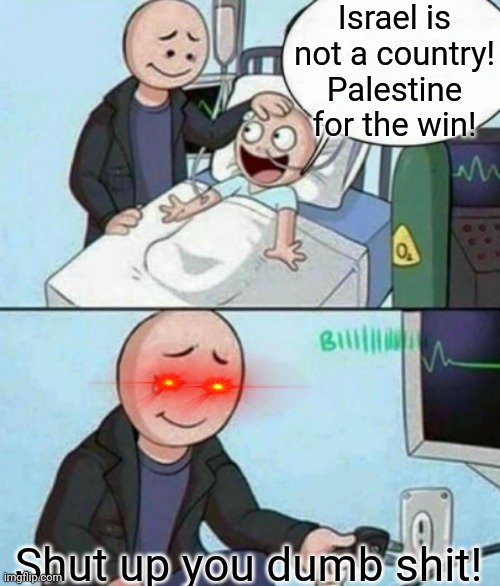 If you think Israel is not a country, stay very far away from me. | Israel is not a country! Palestine for the win! Shut up you dumb shit! | image tagged in father unplugs life support | made w/ Imgflip meme maker
