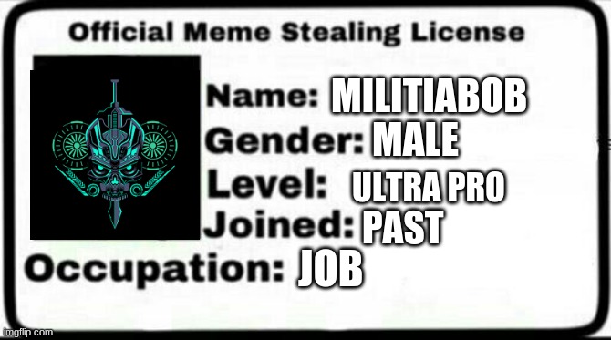 Meme Stealing License | MILITIABOB; MALE; ULTRA PRO; PAST; JOB | image tagged in meme stealing license | made w/ Imgflip meme maker