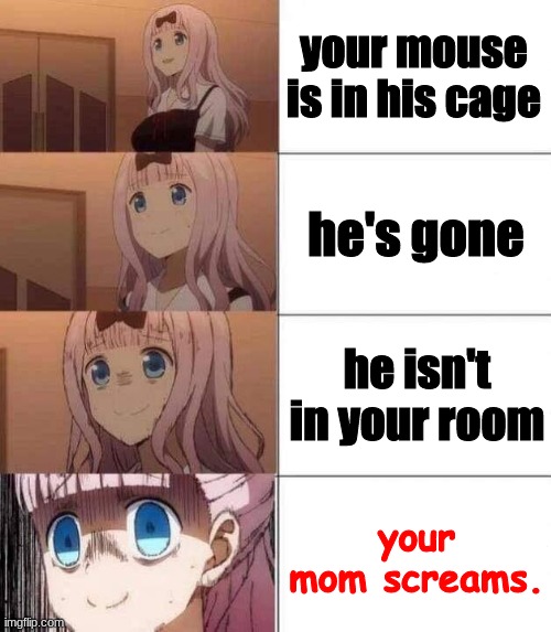 chika template | your mouse is in his cage; he's gone; he isn't in your room; your mom screams. | image tagged in chika template | made w/ Imgflip meme maker