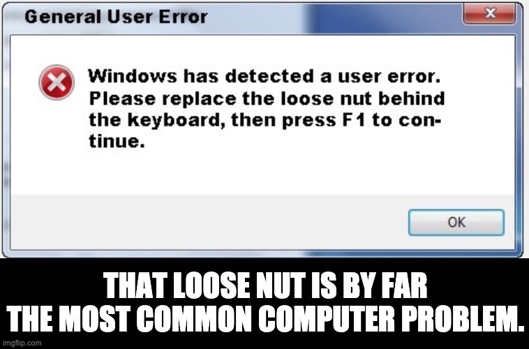 Loose nut | THAT LOOSE NUT IS BY FAR THE MOST COMMON COMPUTER PROBLEM. | image tagged in computer | made w/ Imgflip meme maker