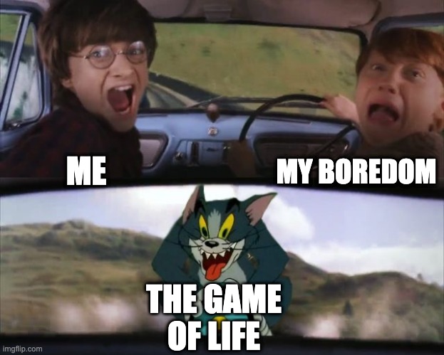 Game of Death | MY BOREDOM; ME; THE GAME OF LIFE | image tagged in tom chasing harry and ron weasly | made w/ Imgflip meme maker