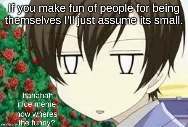 Haruhi can't find the funny | If you make fun of people for being themselves I'll just assume its small. | image tagged in haruhi can't find the funny | made w/ Imgflip meme maker
