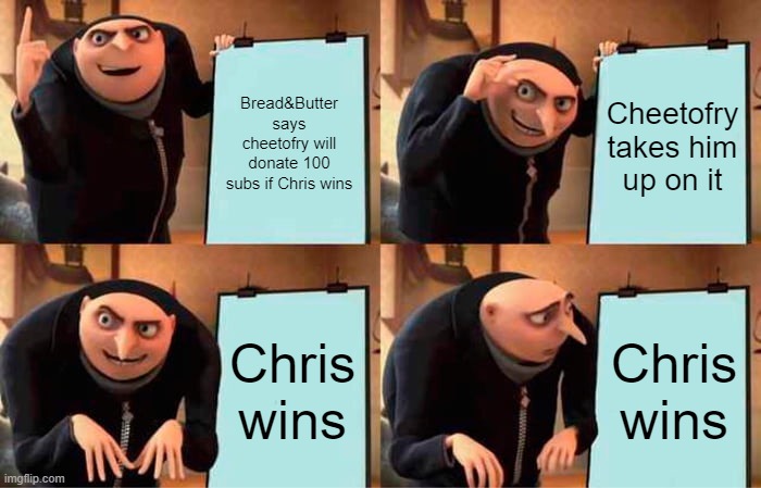 Gru's Plan Meme | Bread&Butter says cheetofry will donate 100 subs if Chris wins; Cheetofry takes him up on it; Chris wins; Chris wins | image tagged in memes,gru's plan | made w/ Imgflip meme maker