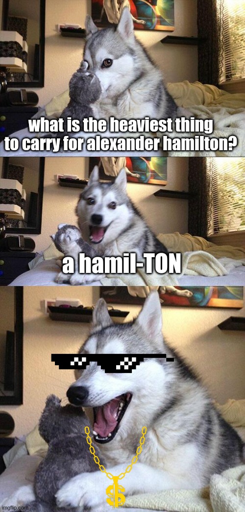 pun trash | what is the heaviest thing to carry for alexander hamilton? a hamil-TON | image tagged in memes,bad pun dog | made w/ Imgflip meme maker