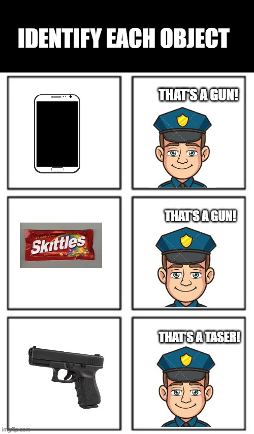Cop Quiz! | IDENTIFY EACH OBJECT; THAT'S A GUN! THAT'S A GUN! THAT'S A TASER! | image tagged in grid | made w/ Imgflip meme maker