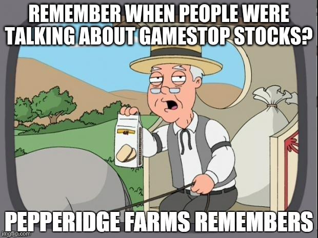 PEPPERIDGE FARMS REMEMBERS | REMEMBER WHEN PEOPLE WERE TALKING ABOUT GAMESTOP STOCKS? | image tagged in pepperidge farms remembers | made w/ Imgflip meme maker