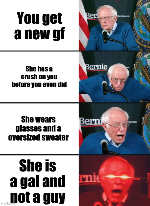Most of the ppl I had a crush on were straight :p | You get a new gf; She has a crush on you before you even did; She wears glasses and a oversized sweater; She is a gal and not a guy | image tagged in bernie sanders reaction nuked | made w/ Imgflip meme maker