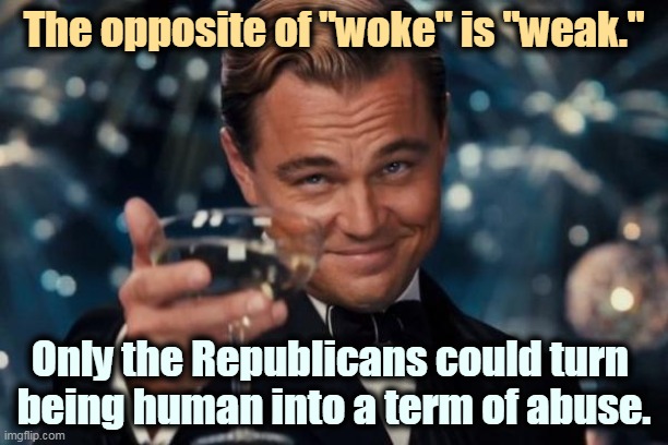Racists hate being reminded that they're racist. But Republicans are racist. | The opposite of "woke" is "weak."; Only the Republicans could turn 
being human into a term of abuse. | image tagged in memes,leonardo dicaprio cheers,woke,compliment,republicans,weak | made w/ Imgflip meme maker