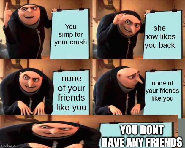 Gru's Plan | You simp for your crush; she now likes you back; none of your friends like you; none of your friends like you; YOU DONT HAVE ANY FRIENDS | image tagged in memes,gru's plan | made w/ Imgflip meme maker