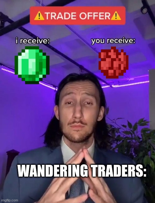 Wandering Traders Be like | WANDERING TRADERS: | image tagged in trade offer,minecraft | made w/ Imgflip meme maker