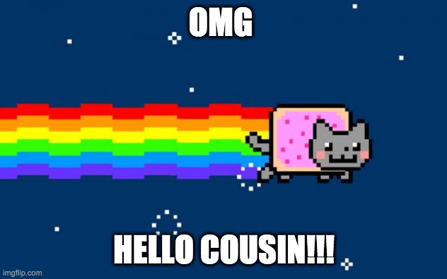 Nyan Cat | OMG HELLO COUSIN!!! | image tagged in nyan cat | made w/ Imgflip meme maker