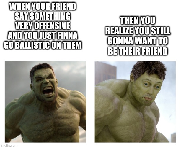 Hulk angry then realizes he's wrong | THEN YOU REALIZE YOU STILL GONNA WANT TO BE THEIR FRIEND; WHEN YOUR FRIEND SAY SOMETHING VERY OFFENSIVE AND YOU JUST FINNA GO BALLISTIC ON THEM | image tagged in hulk angry then realizes he's wrong | made w/ Imgflip meme maker