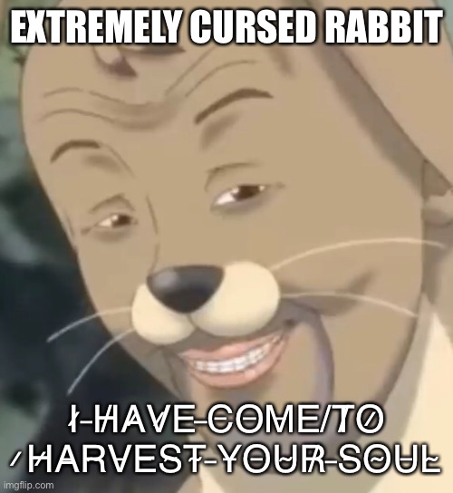 Extremely cursed rabbit |  I̷ ̵H̸A̷V̷E̵ ̶C̵O̶M̵E̶ ̸T̸O̷ ̷H̷A̶R̴V̵E̵S̴T̴ ̵Y̶O̵U̴R̸ ̵S̶O̴U̵L̴ | image tagged in extremely cursed rabbit | made w/ Imgflip meme maker
