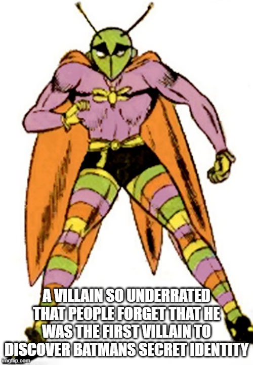 Killermoth | A VILLAIN SO UNDERRATED THAT PEOPLE FORGET THAT HE WAS THE FIRST VILLAIN TO DISCOVER BATMANS SECRET IDENTITY | image tagged in dc comics | made w/ Imgflip meme maker