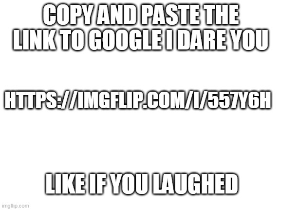 copy and paste to google | COPY AND PASTE THE LINK TO GOOGLE I DARE YOU; HTTPS://IMGFLIP.COM/I/557Y6H; LIKE IF YOU LAUGHED | image tagged in blank white template | made w/ Imgflip meme maker