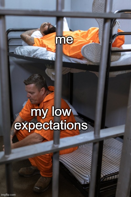 Guilty | me; my low expectations | image tagged in life,despair,existentialism | made w/ Imgflip meme maker