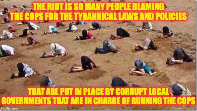 THE RIOT IS SO MANY PEOPLE BLAMING THE COPS FOR THE TYRANNICAL LAWS AND POLICIES THAT ARE PUT IN PLACE BY CORRUPT LOCAL GOVERNMENTS THAT ARE | image tagged in head in sand | made w/ Imgflip meme maker