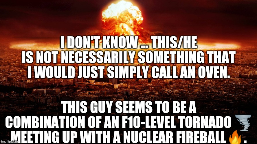I DON'T KNOW ... THIS/HE IS NOT NECESSARILY SOMETHING THAT I WOULD JUST SIMPLY CALL AN OVEN. THIS GUY SEEMS TO BE A COMBINATION OF AN F10-LE | image tagged in massive nuclear explosion destroying city | made w/ Imgflip meme maker