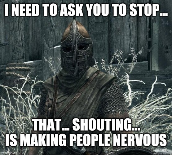 I NEED TO ASK YOU TO STOP... THAT... SHOUTING... IS MAKING PEOPLE NERVOUS | image tagged in skyrimguard | made w/ Imgflip meme maker