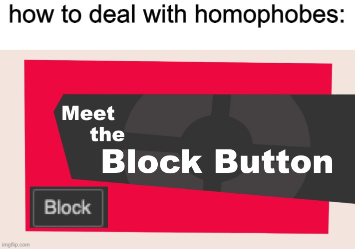 *tf2 music intensifies* | how to deal with homophobes: | image tagged in meet the block button | made w/ Imgflip meme maker