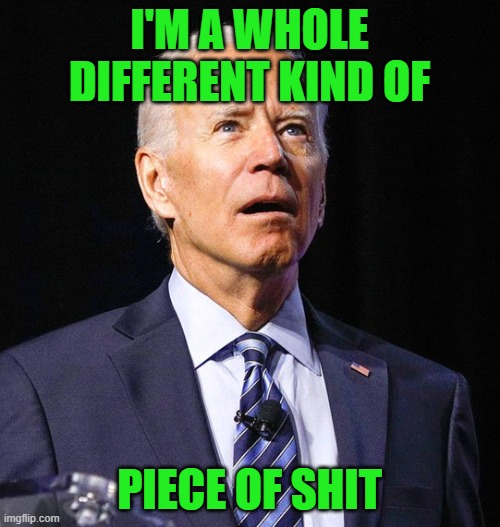 Joe Biden | I'M A WHOLE DIFFERENT KIND OF PIECE OF SHIT | image tagged in joe biden | made w/ Imgflip meme maker