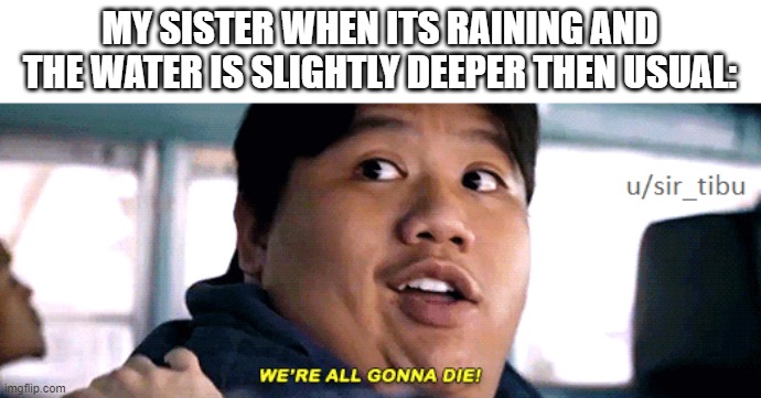 were all going to die | MY SISTER WHEN ITS RAINING AND THE WATER IS SLIGHTLY DEEPER THEN USUAL: | image tagged in were all going to die | made w/ Imgflip meme maker