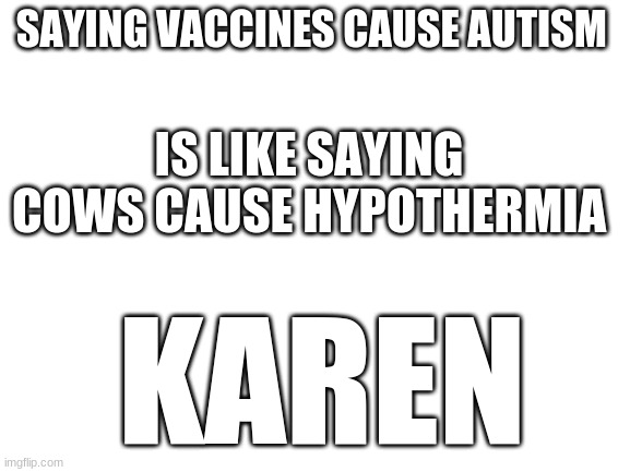 yeah, karen | SAYING VACCINES CAUSE AUTISM; IS LIKE SAYING COWS CAUSE HYPOTHERMIA; KAREN | image tagged in blank white template | made w/ Imgflip meme maker