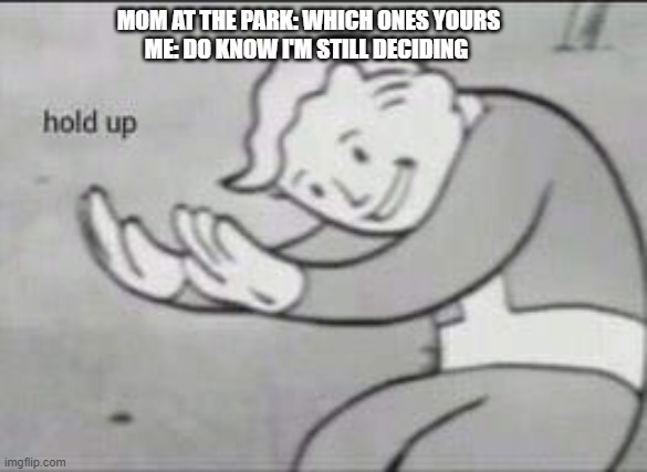 Fallout Hold Up | MOM AT THE PARK: WHICH ONES YOURS
ME: DO KNOW I'M STILL DECIDING | image tagged in fallout hold up | made w/ Imgflip meme maker