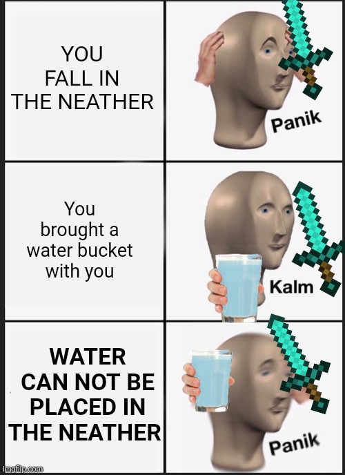 Panik Kalm Panik Meme | YOU FALL IN THE NEATHER; You brought a water bucket with you; WATER CAN NOT BE PLACED IN THE NEATHER | image tagged in memes,panik kalm panik | made w/ Imgflip meme maker