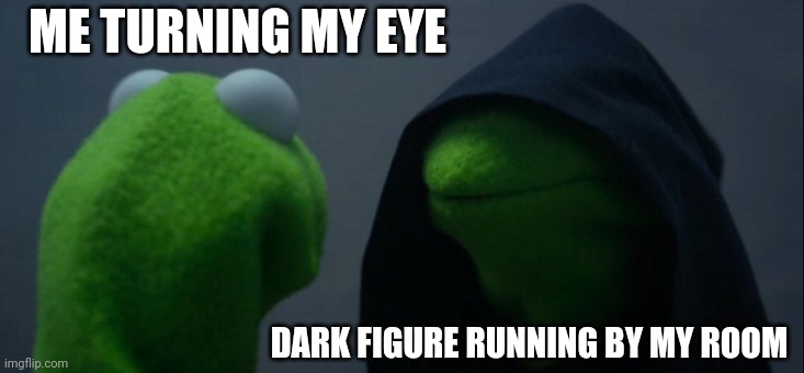 Evil Kermit | ME TURNING MY EYE; DARK FIGURE RUNNING BY MY ROOM | image tagged in memes,evil kermit | made w/ Imgflip meme maker