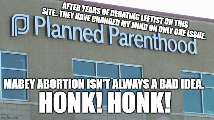 planned abortionhood | MABEY ABORTION ISN'T ALWAYS A BAD IDEA. AFTER YEARS OF DEBATING LEFTIST ON THIS SITE.. THEY HAVE CHANGED MY MIND ON ONLY ONE ISSUE. HONK! HO | image tagged in planned abortionhood | made w/ Imgflip meme maker