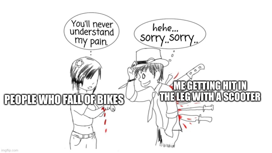You’ll never understand my pain | PEOPLE WHO FALL OF BIKES ME GETTING HIT IN THE LEG WITH A SCOOTER | image tagged in you ll never understand my pain | made w/ Imgflip meme maker