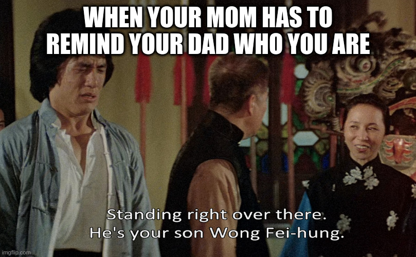 Dont you hate it when that happens | WHEN YOUR MOM HAS TO REMIND YOUR DAD WHO YOU ARE | image tagged in family,drunken master,jackie chan | made w/ Imgflip meme maker