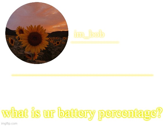 im_bob | what is ur battery percentage? | image tagged in im_bob | made w/ Imgflip meme maker