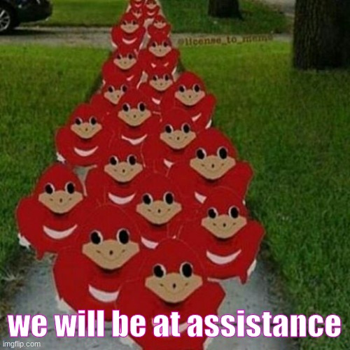 Ugandan knuckles army | we will be at assistance | image tagged in ugandan knuckles army | made w/ Imgflip meme maker