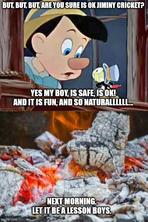 Growing pains | BUT, BUT, BUT, ARE YOU SURE IS OK JIMINY CRICKET? YES MY BOY, IS SAFE, IS OK!  AND IT IS FUN, AND SO NATURALLLLLL... NEXT MORNING. 
LET IT BE A LESSON BOYS. | image tagged in pinocchio | made w/ Imgflip meme maker