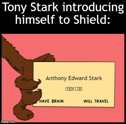 ______ Genius | Tony Stark introducing himself to Shield:; Anthony Edward Stark | image tagged in ______ genius | made w/ Imgflip meme maker